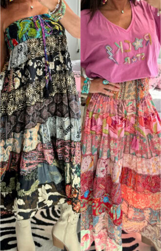 Bohemisk patchwork kjol dam i rosa eller svart av vintage saree tyg, med bred smock upptill som även kan bäras som klänning med halterneck