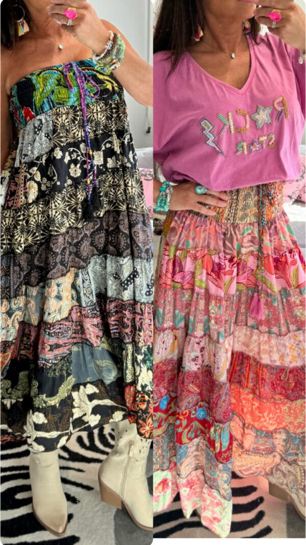 Bohemisk patchwork kjol dam i rosa eller svart av vintage saree tyg, med bred smock upptill som även kan bäras som klänning med halterneck