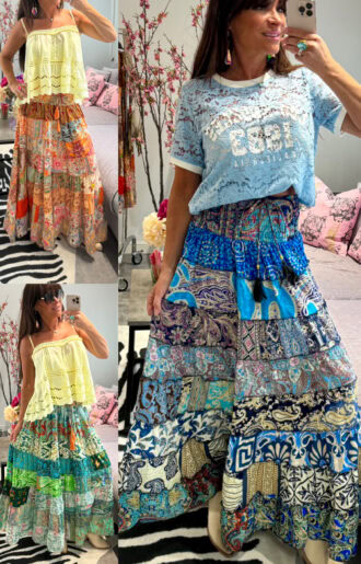 Härlig smockkjol som även funkar som klänning. Gjord av vintage saree tyger.