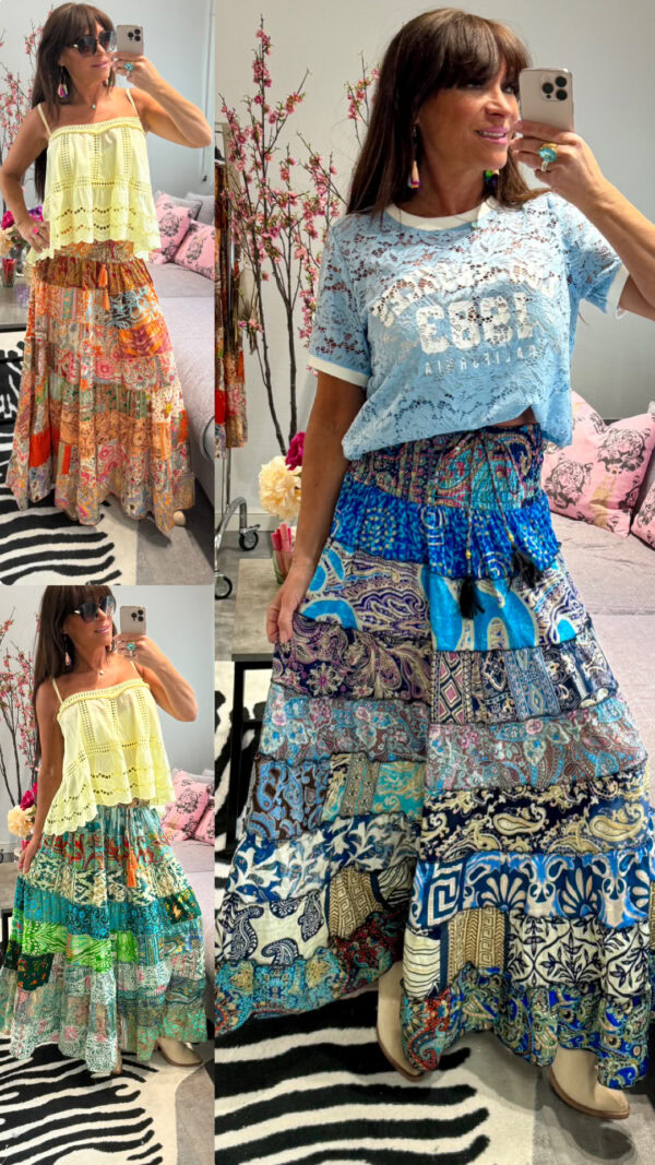 Härlig smockkjol som även funkar som klänning. Gjord av vintage saree tyger.