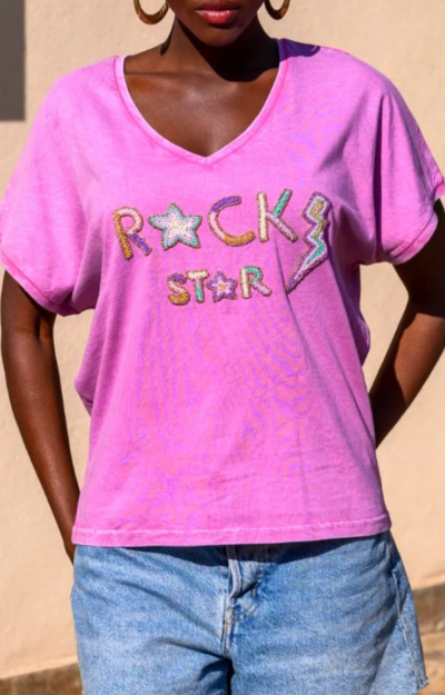 Supercool Tshirt i bomull med lyxiga pärlbroderier framtill, Rock Star broderat