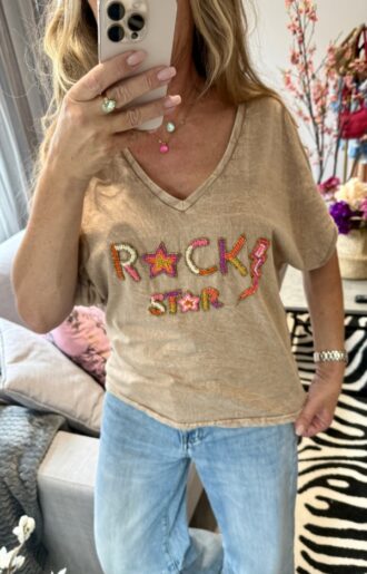 Supercool Tshirt i bomull med lyxiga pärlbroderier framtill, Rock Star broderat