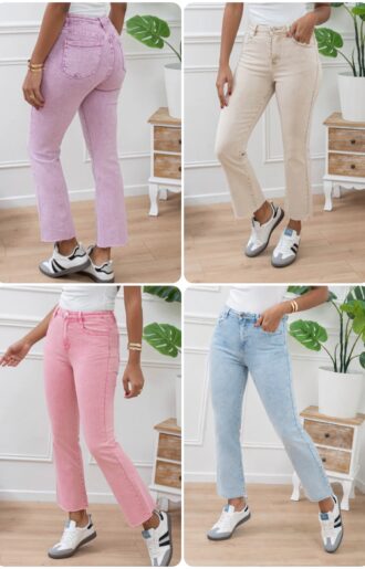 Stretchiga jeans med rå kant nedtill i nude, violet, pink och ljus jeansblå från Love Forever.