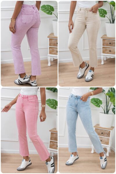 Stretchiga jeans med rå kant nedtill i nude, violet, pink och ljus jeansblå från Love Forever.