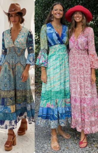 Bohemisk patchworkklänning med smock och 3/4-ärmar i blå, rosa och gröna toner från Love Forever.