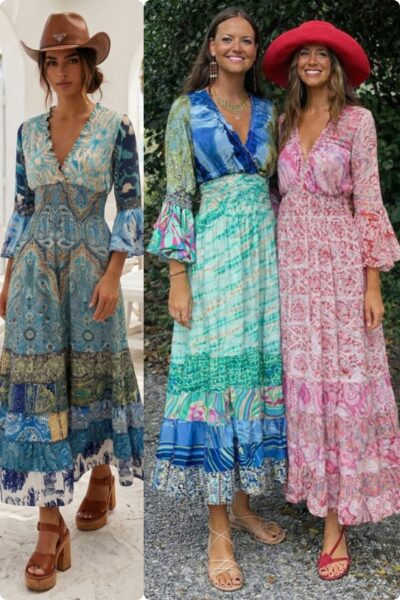 Bohemisk patchworkklänning med smock och 3/4-ärmar i blå, rosa och gröna toner från Love Forever.