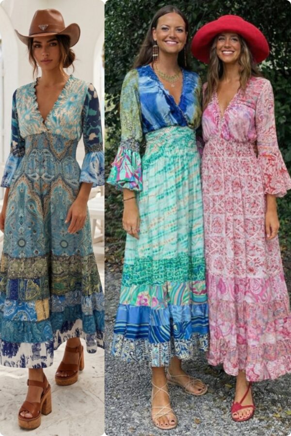 Bohemisk patchworkklänning med smock och 3/4-ärmar i blå, rosa och gröna toner från Love Forever.