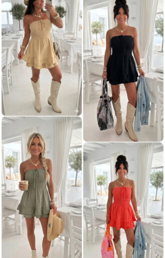 Enfärgad jumpsuit med shorts och kjol över i camel, coral, army och svart, boho chic stil från Love Forever