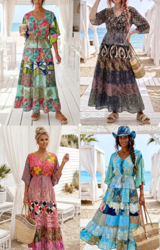 Bohemian patchwork dress women's in vintage saree fabric from India with butterfly sleeves and elastic under bust, unique colorful dress