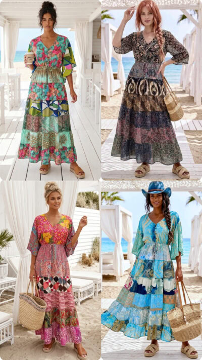 Bohemian patchwork dress women's in vintage saree fabric from India with butterfly sleeves and elastic under bust, unique colorful dress