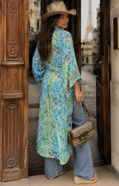 Bohemisk kimono med grönt print och skärp i 100% viscose från Love Forever.