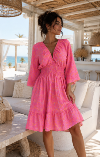 Neon pink printed dress in 100% cotton, with a gathered silhouette, flattering smocking under the bust, and an elasticated neckline, as shown on the model.