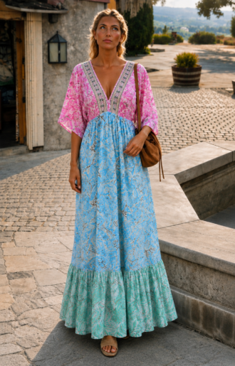 Bohemisk klänning i mjukt vintage silk-tyg med resår under byst, smickrande passform och färgstarkt Love Forever-inspirerat mönster.