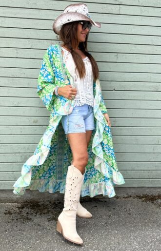 Kimono med Volang Grön - sidenmix