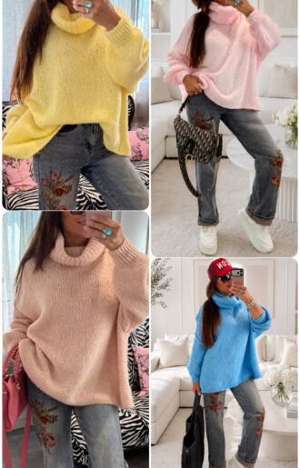Super-soft knitted polo sweater from Love Forever in One Size that fits S-XL, with a polo collar and soft yarn, styled with jeans for a feminine boho look.