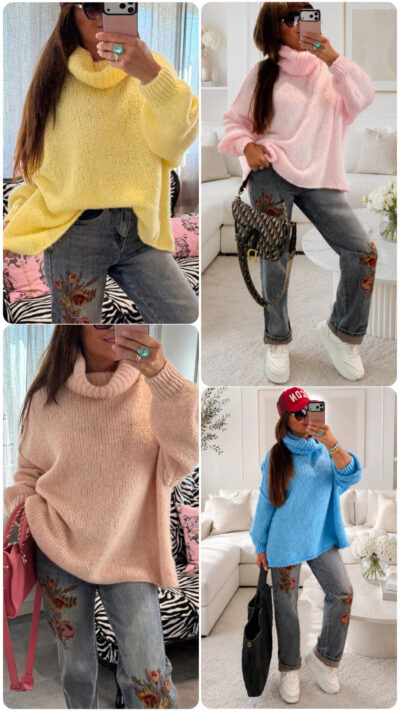 Super-soft knitted polo sweater from Love Forever in One Size that fits S-XL, with a polo collar and soft yarn, styled with jeans for a feminine boho look.