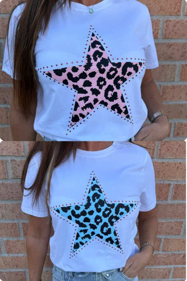 Rosa eller blå T-shirt i 100% bomull med stor leopardmönstrad stjärna framtill från Love Forever