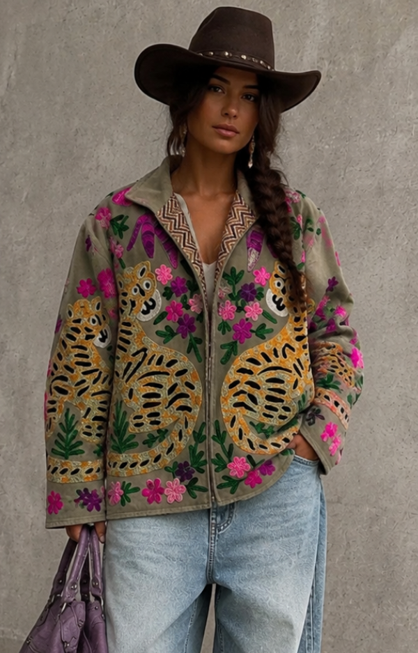 Taupe Suzani-jacka i 100% bomull med handgjorda färgstarka broderier av leoparder och blommor från Love Forever