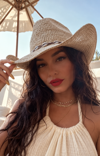 Raffia cowboyhatt med formbart brätte och dekorativt snäckband – Love Forever
