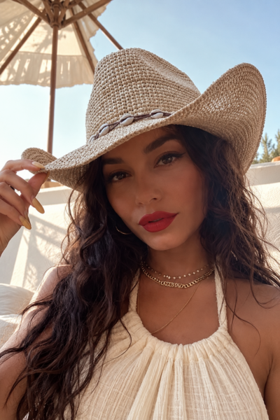 Raffia cowboyhatt med formbart brätte och dekorativt snäckband – Love Forever