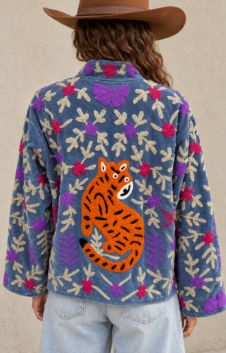 Suzani Jacka Dimmigt Blå med Tiger och Blommor