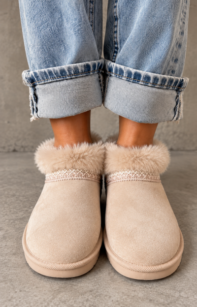 Beige uggisar i mjuk fuskmocka med lågt skaft, synlig fluffig fuskpäls upptill och nätt sula från Love Forever.