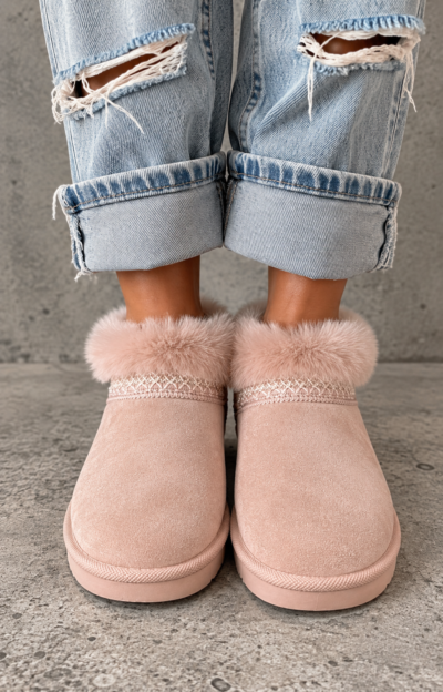 Puderrosa uggisar i mjuk fuskmocka med lågt skaft, synlig fluffig fuskpäls upptill och nätt sula från Love Forever.