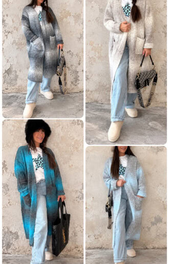 Gisela lång stickad kofta i oversize-modell från Love Forever, 105 cm lång, i mjuk stickad kvalitet.