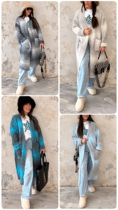 Gisela lång stickad kofta i oversize-modell från Love Forever, 105 cm lång, i mjuk stickad kvalitet.