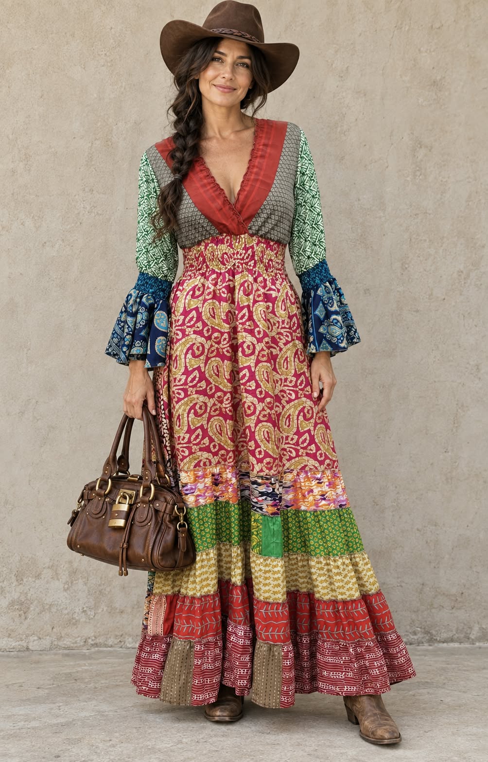 Modell i färgstark boho patchwork-maxiklänning